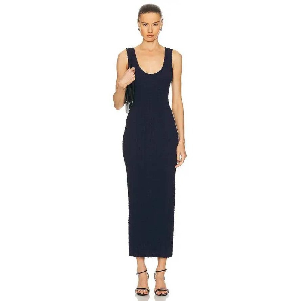 Enza Costa Puckered Tank Dress Navy Blue Crinkle Textured Midi Bodycon Sz S